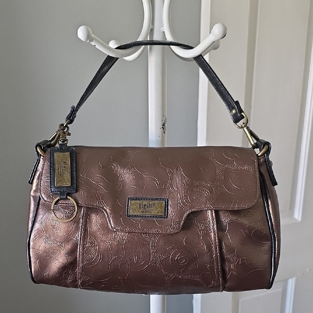 Gigi Hill Embossed Floral Shoulder Bag Brown Metallic Faux Leather,Gold Hardware